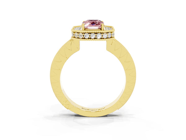 Yellow gold Emerald Cut Halo Diamond Engagement Ring with Milgrain Pave Band and Four-Prong Setting