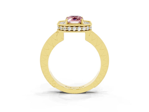 Yellow gold Emerald Cut Halo Diamond Engagement Ring with Milgrain Pave Band and Four-Prong Setting_3