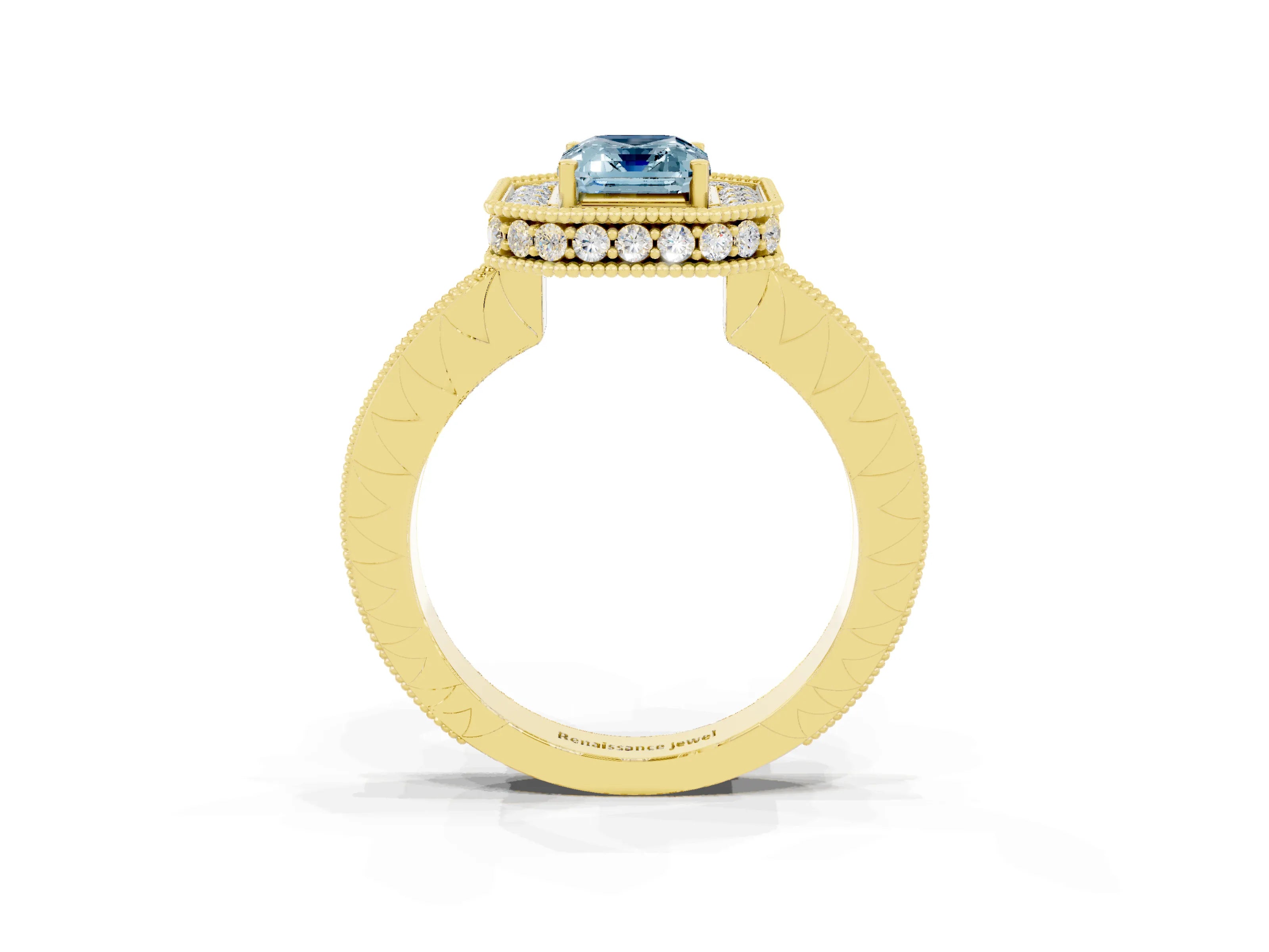 Yellow gold Emerald Cut Halo Diamond Engagement Ring with Milgrain Pave Band and Four-Prong Setting_3