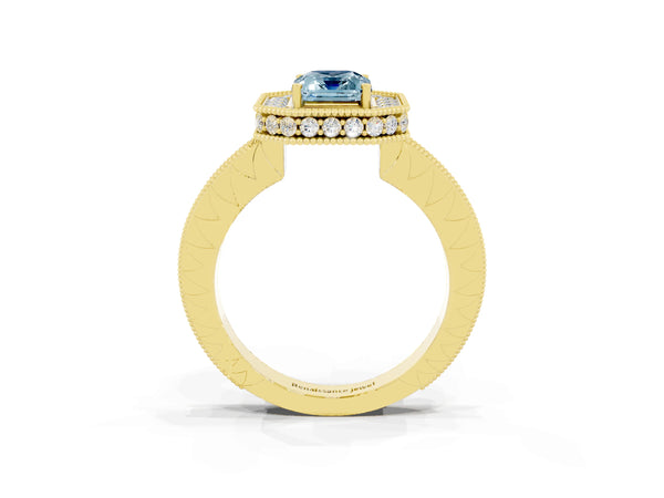 Yellow gold Emerald Cut Halo Diamond Engagement Ring with Milgrain Pave Band and Four-Prong Setting