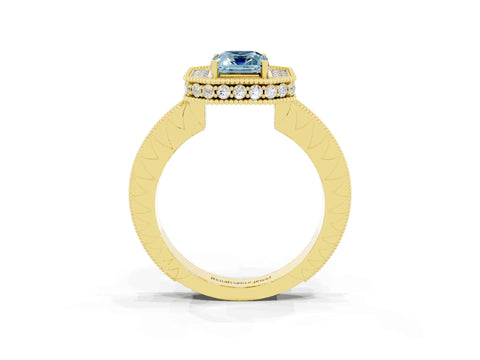 Yellow gold Emerald Cut Halo Diamond Engagement Ring with Milgrain Pave Band and Four-Prong Setting_3