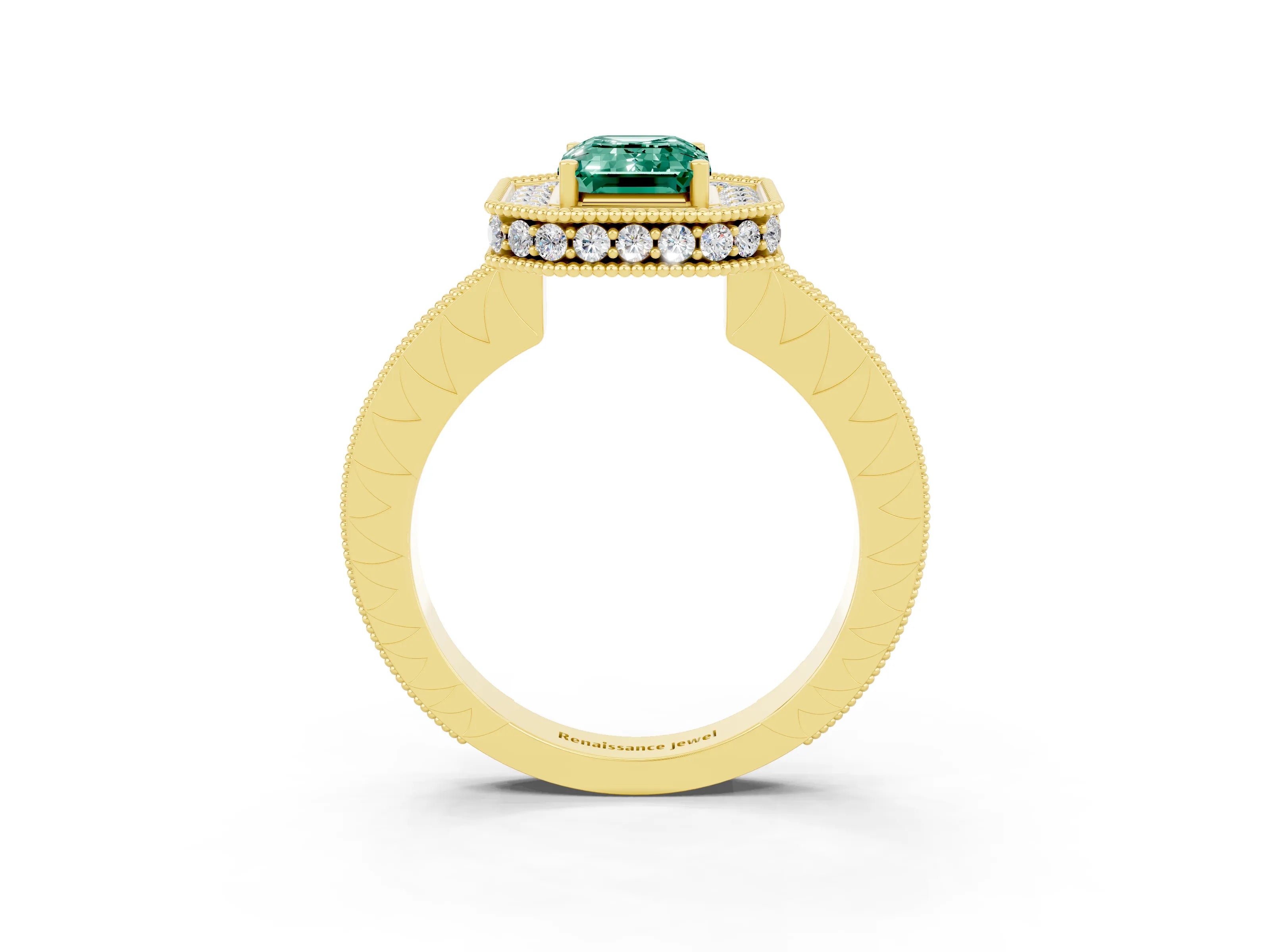 Yellow gold Emerald Cut Halo Diamond Engagement Ring with Milgrain Pave Band and Four-Prong Setting_3