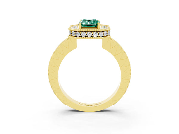 Yellow gold Emerald Cut Halo Diamond Engagement Ring with Milgrain Pave Band and Four-Prong Setting