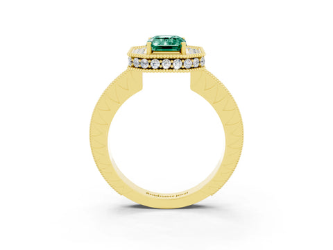 Yellow gold Emerald Cut Halo Diamond Engagement Ring with Milgrain Pave Band and Four-Prong Setting_3