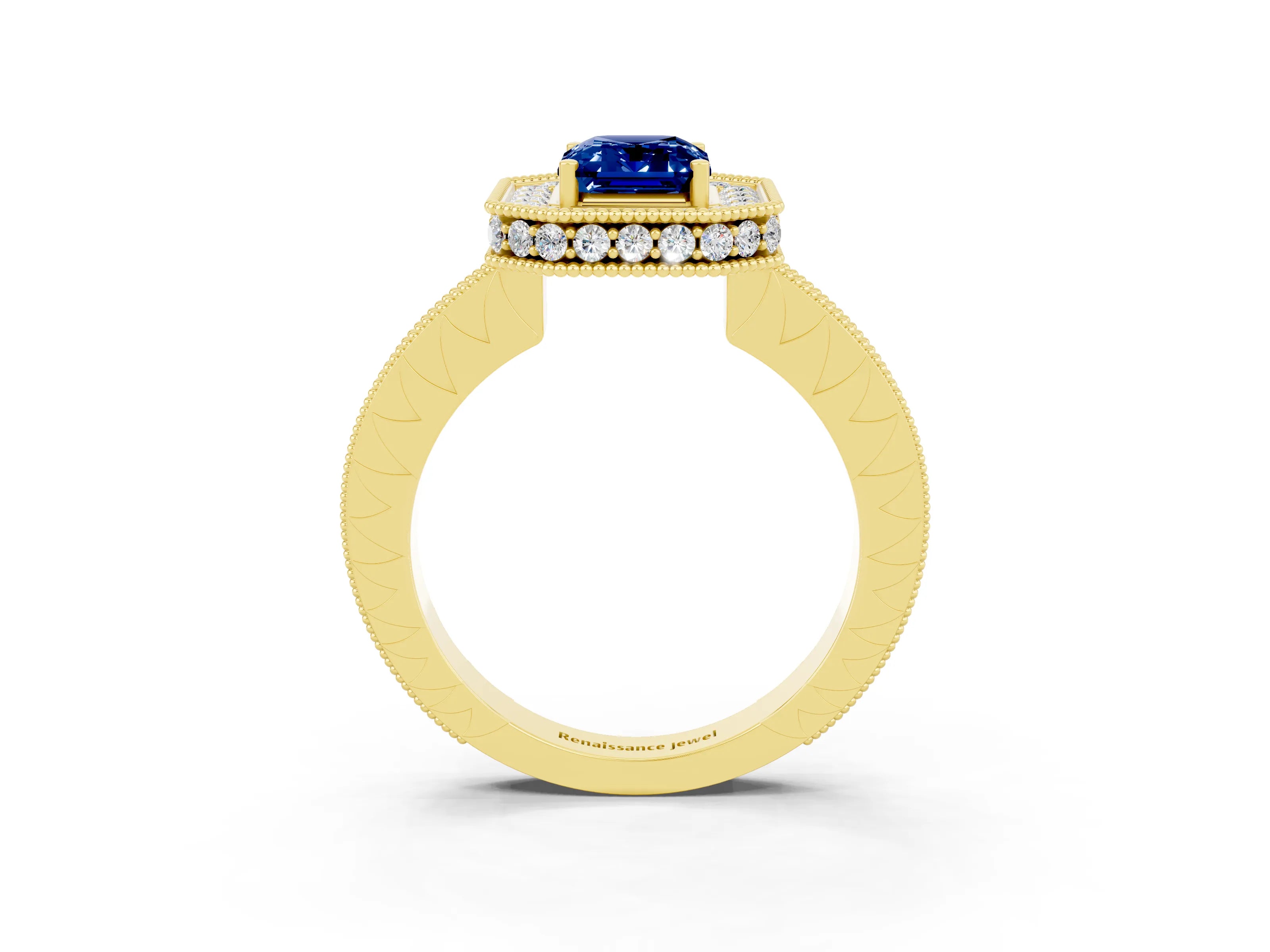 Yellow gold Emerald Cut Halo Diamond Engagement Ring with Milgrain Pave Band and Four-Prong Setting_3