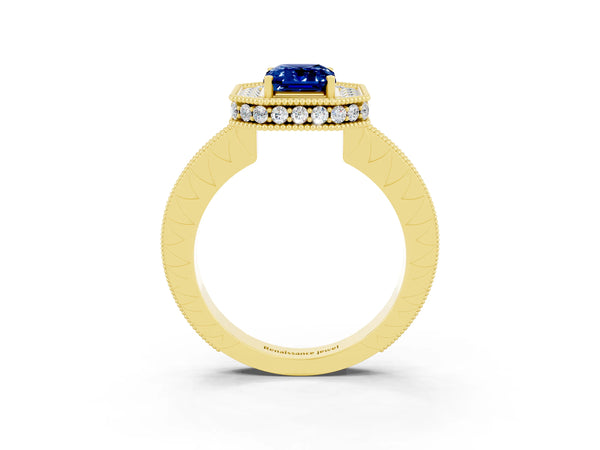 Yellow gold Emerald Cut Halo Diamond Engagement Ring with Milgrain Pave Band and Four-Prong Setting