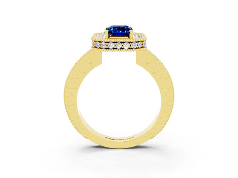 Yellow gold Emerald Cut Halo Diamond Engagement Ring with Milgrain Pave Band and Four-Prong Setting_3