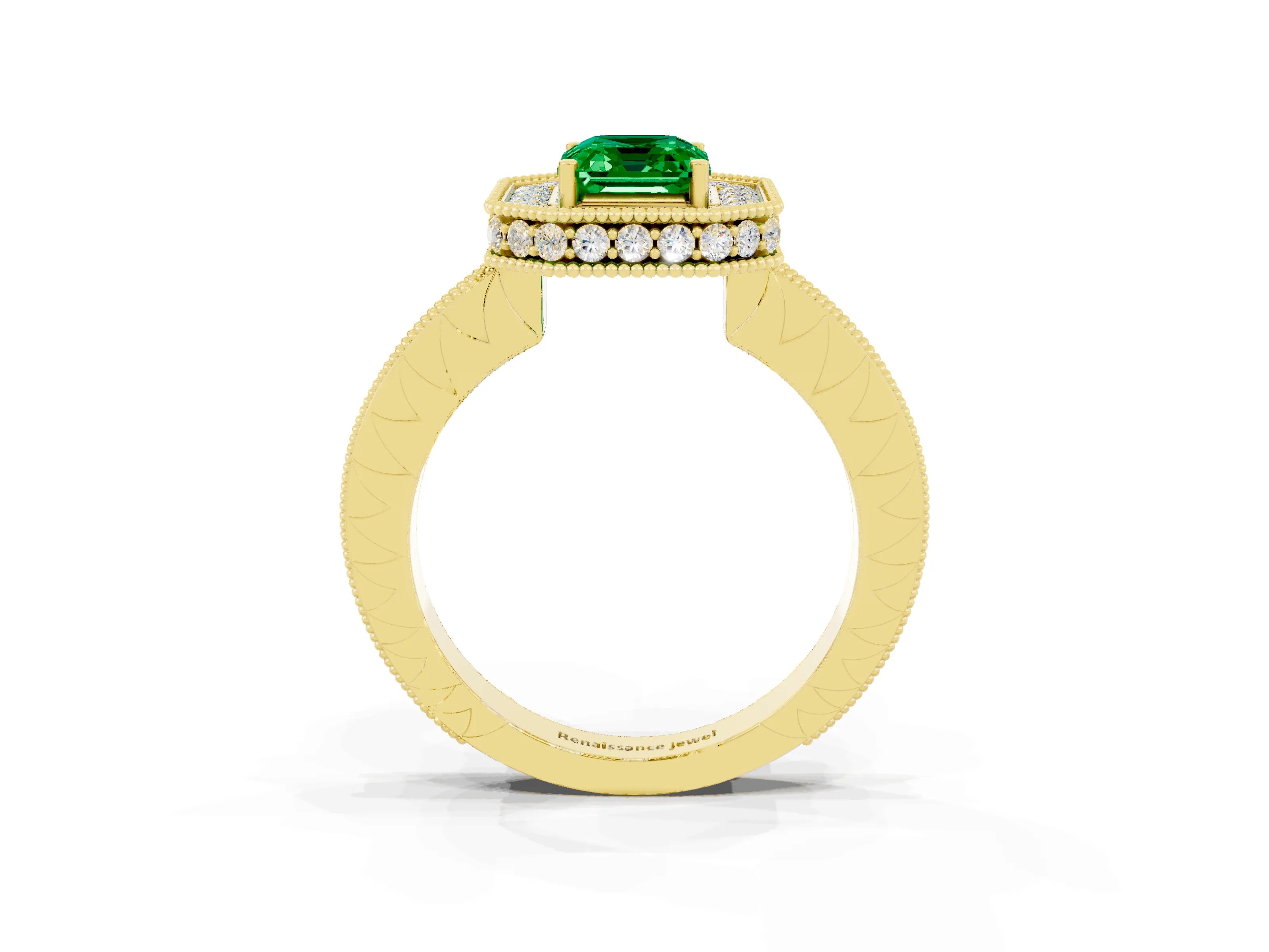 Yellow gold Emerald Cut Halo Diamond Engagement Ring with Milgrain Pave Band and Four-Prong Setting_3