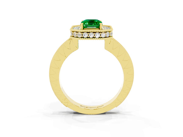 Yellow gold Emerald Cut Halo Diamond Engagement Ring with Milgrain Pave Band and Four-Prong Setting