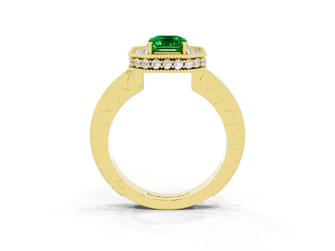 Yellow gold Emerald Cut Halo Diamond Engagement Ring with Milgrain Pave Band and Four-Prong Setting_3
