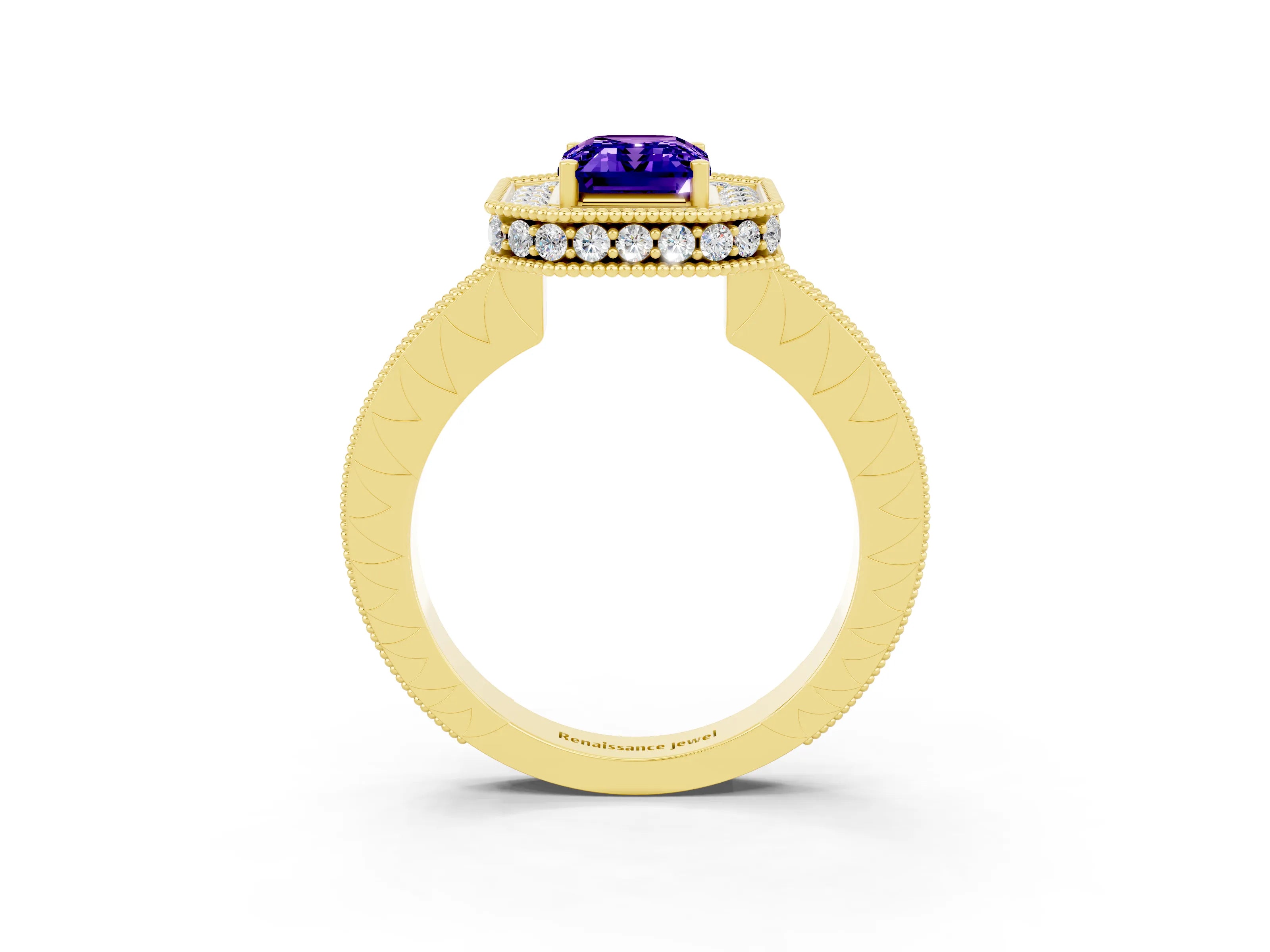 Yellow gold Emerald Cut Halo Diamond Engagement Ring with Milgrain Pave Band and Four-Prong Setting_3