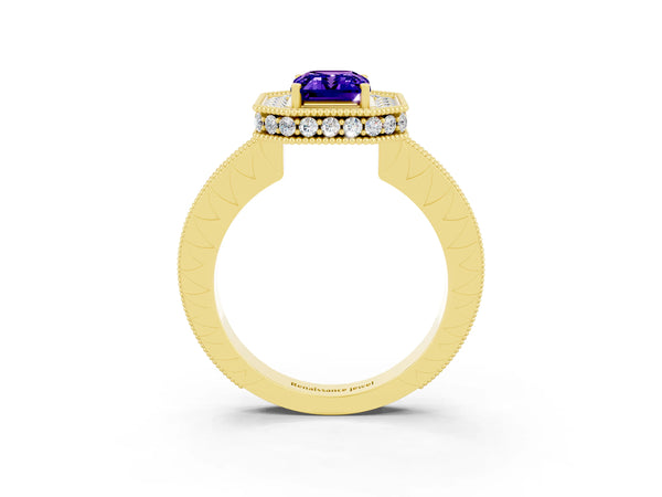 Yellow gold Emerald Cut Halo Diamond Engagement Ring with Milgrain Pave Band and Four-Prong Setting