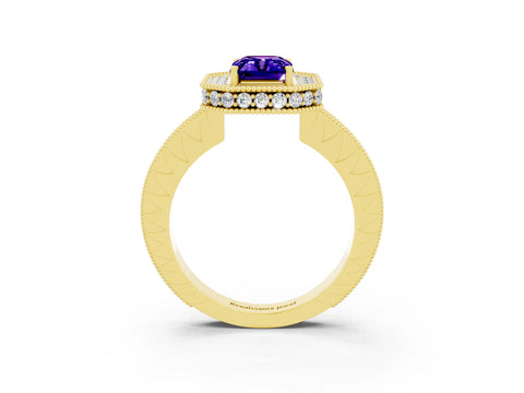 Yellow gold Emerald Cut Halo Diamond Engagement Ring with Milgrain Pave Band and Four-Prong Setting_3