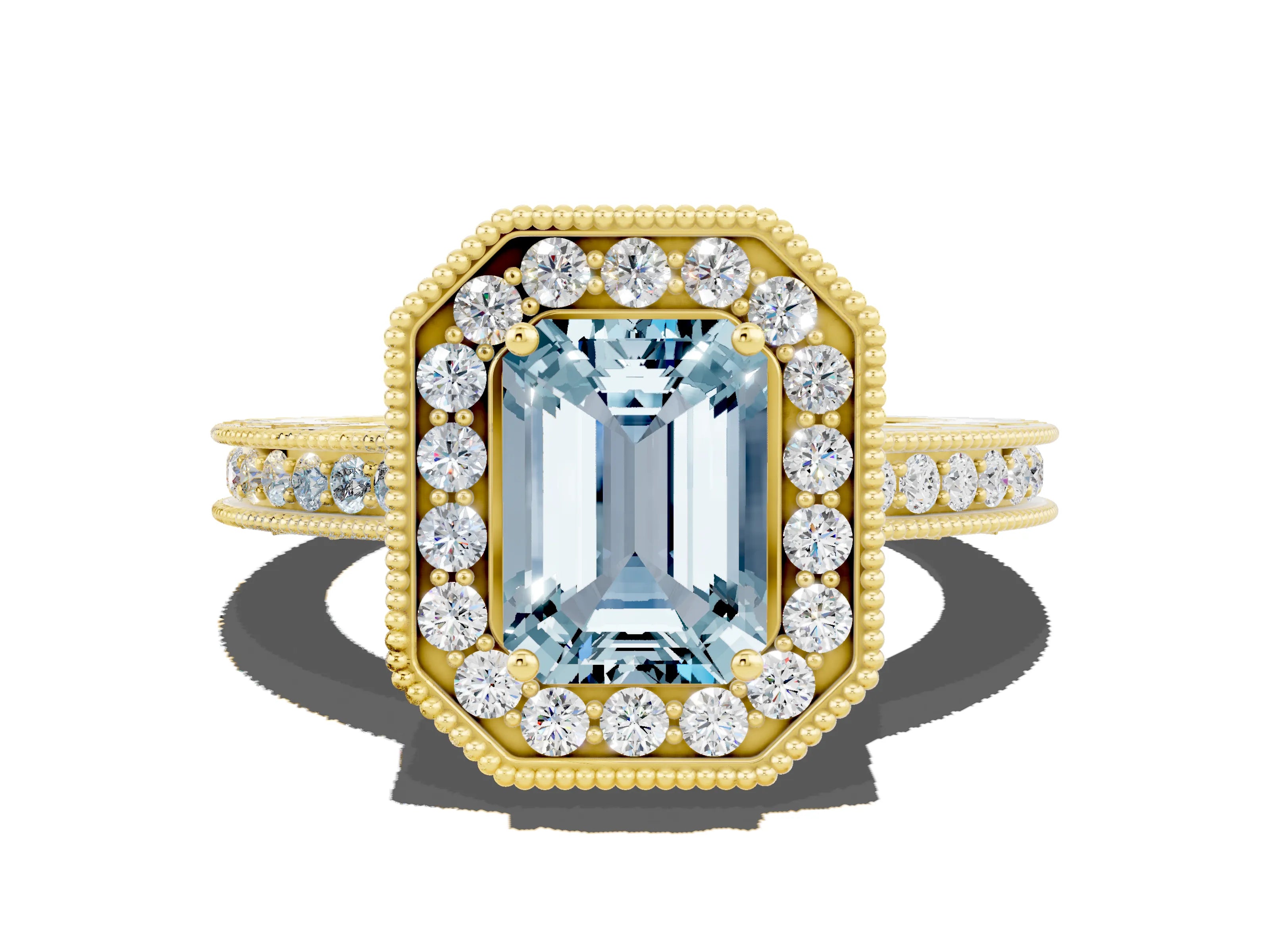 Yellow gold Emerald Cut Halo Diamond Engagement Ring with Milgrain Pave Band and Four-Prong Setting