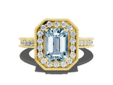 Yellow gold Emerald Cut Halo Diamond Engagement Ring with Milgrain Pave Band and Four-Prong Setting