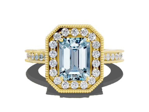 Yellow gold Emerald Cut Halo Diamond Engagement Ring with Milgrain Pave Band and Four-Prong Setting
