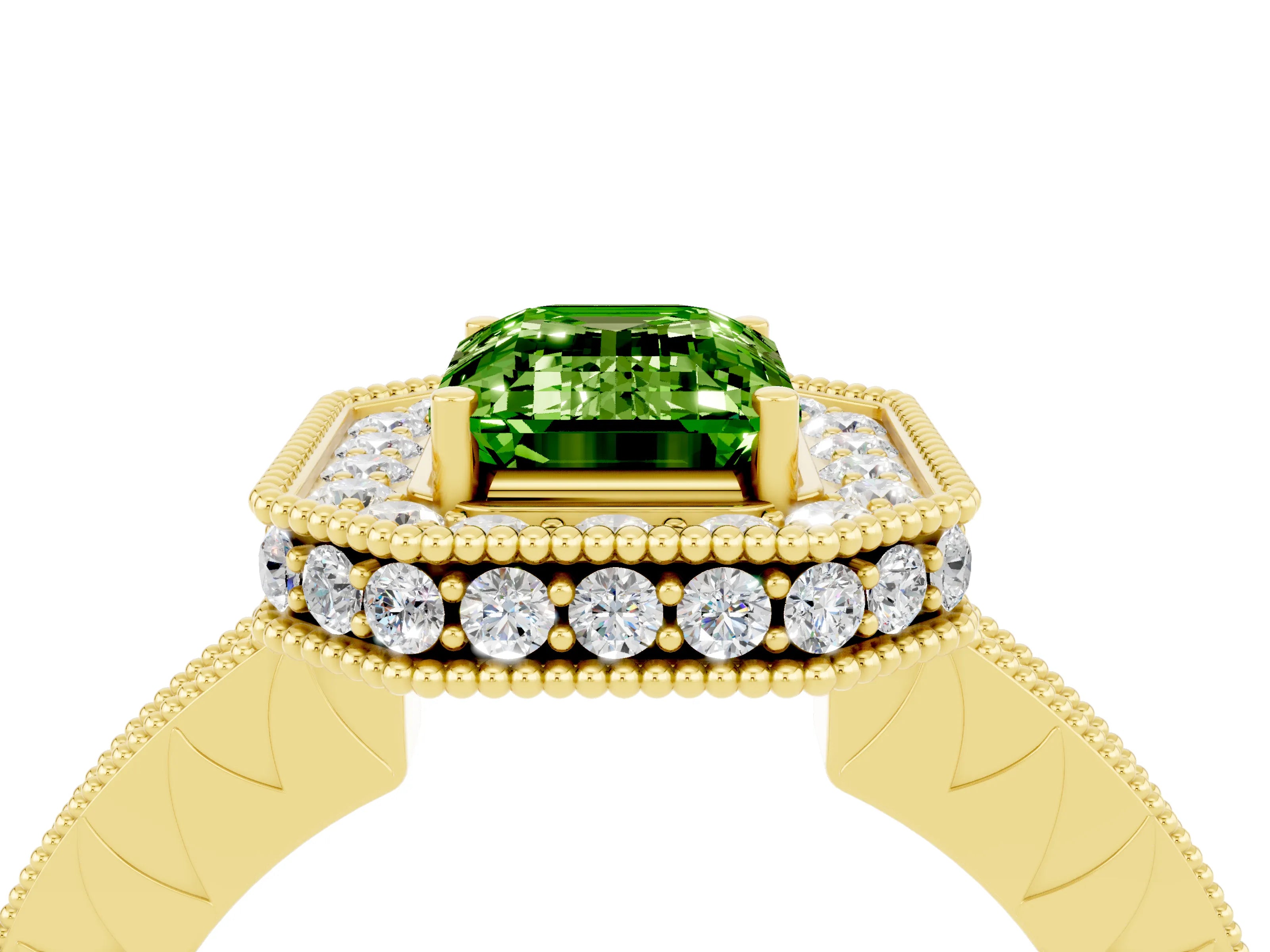Yellow gold Emerald Cut Halo Diamond Engagement Ring with Milgrain Pave Band and Four-Prong Setting_4