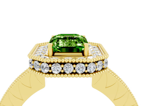 Yellow gold Emerald Cut Halo Diamond Engagement Ring with Milgrain Pave Band and Four-Prong Setting_4