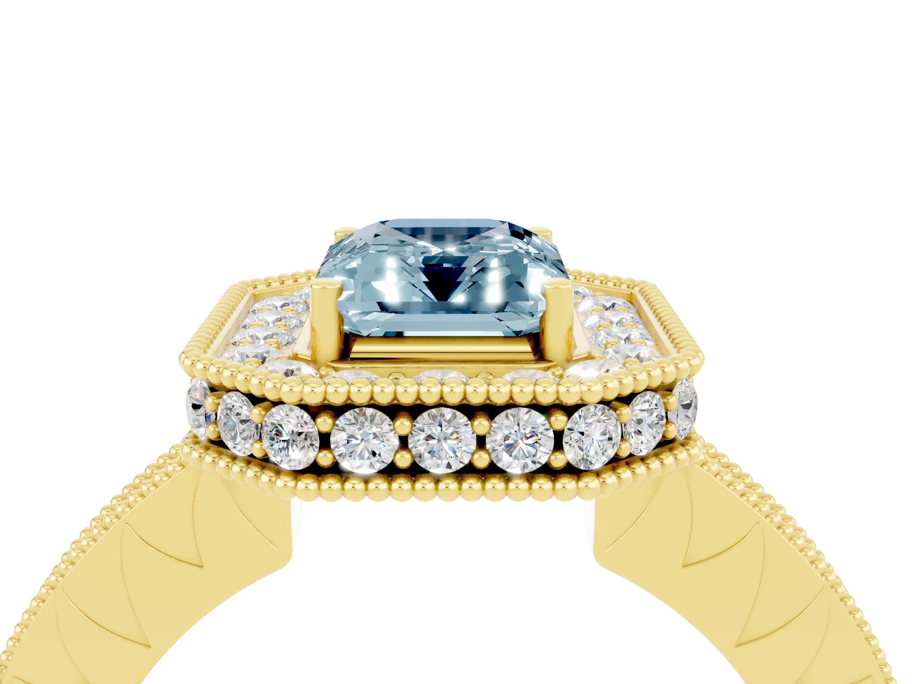Yellow gold Emerald Cut Halo Diamond Engagement Ring with Milgrain Pave Band and Four-Prong Setting_4