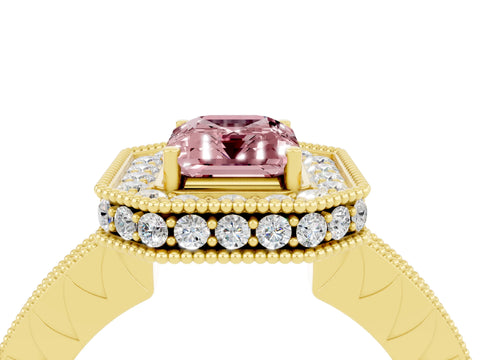 Yellow gold Emerald Cut Halo Diamond Engagement Ring with Milgrain Pave Band and Four-Prong Setting_4