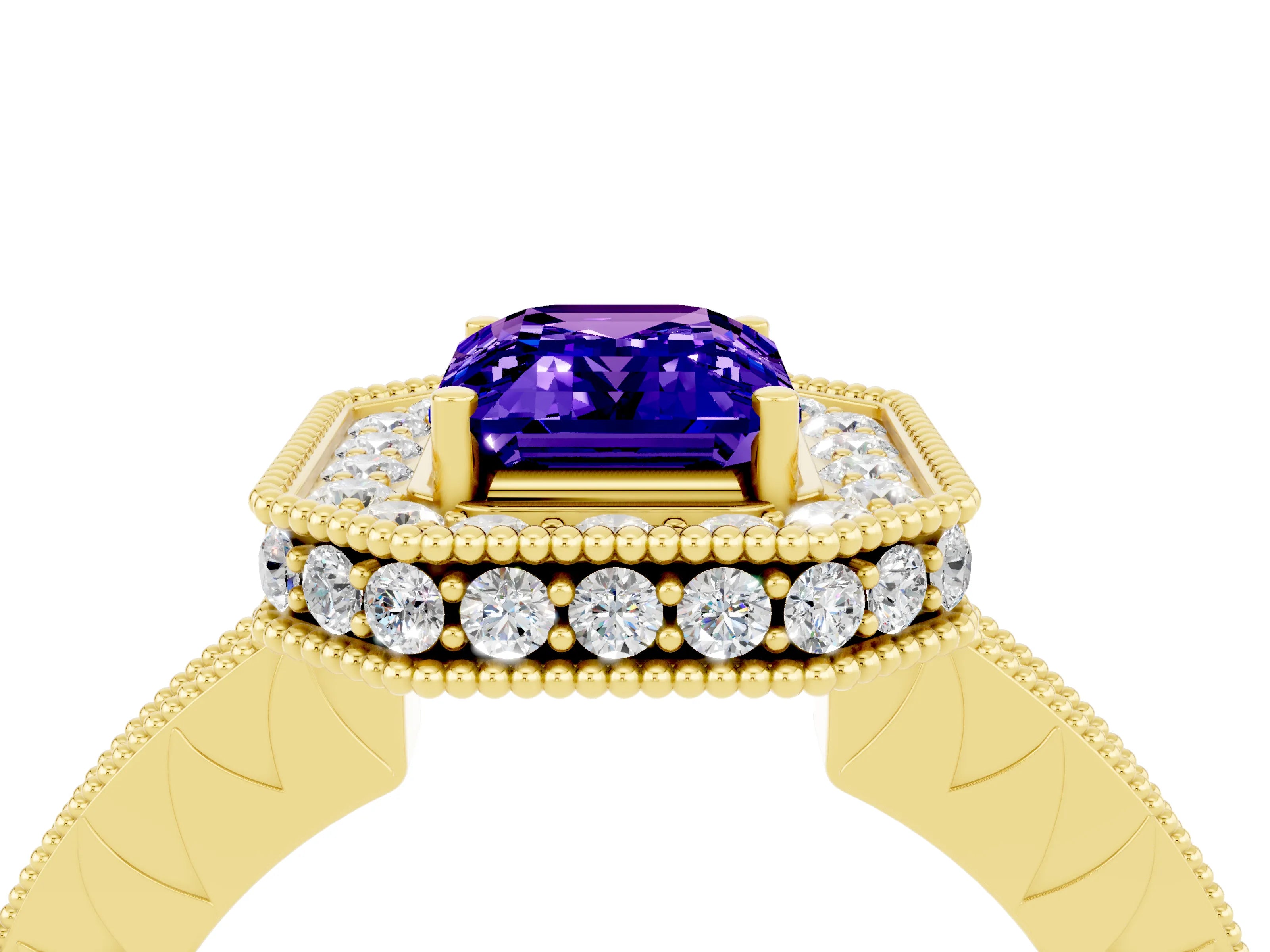 Yellow gold Emerald Cut Halo Diamond Engagement Ring with Milgrain Pave Band and Four-Prong Setting_4