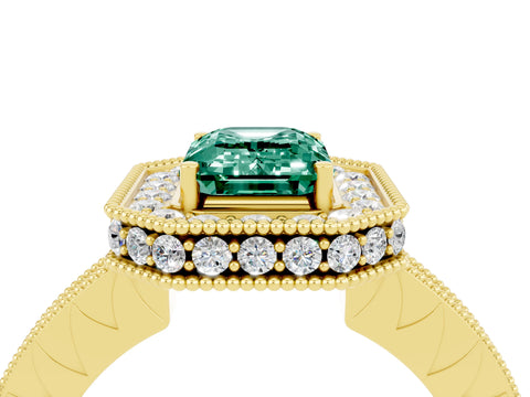 Yellow gold Emerald Cut Halo Diamond Engagement Ring with Milgrain Pave Band and Four-Prong Setting_4