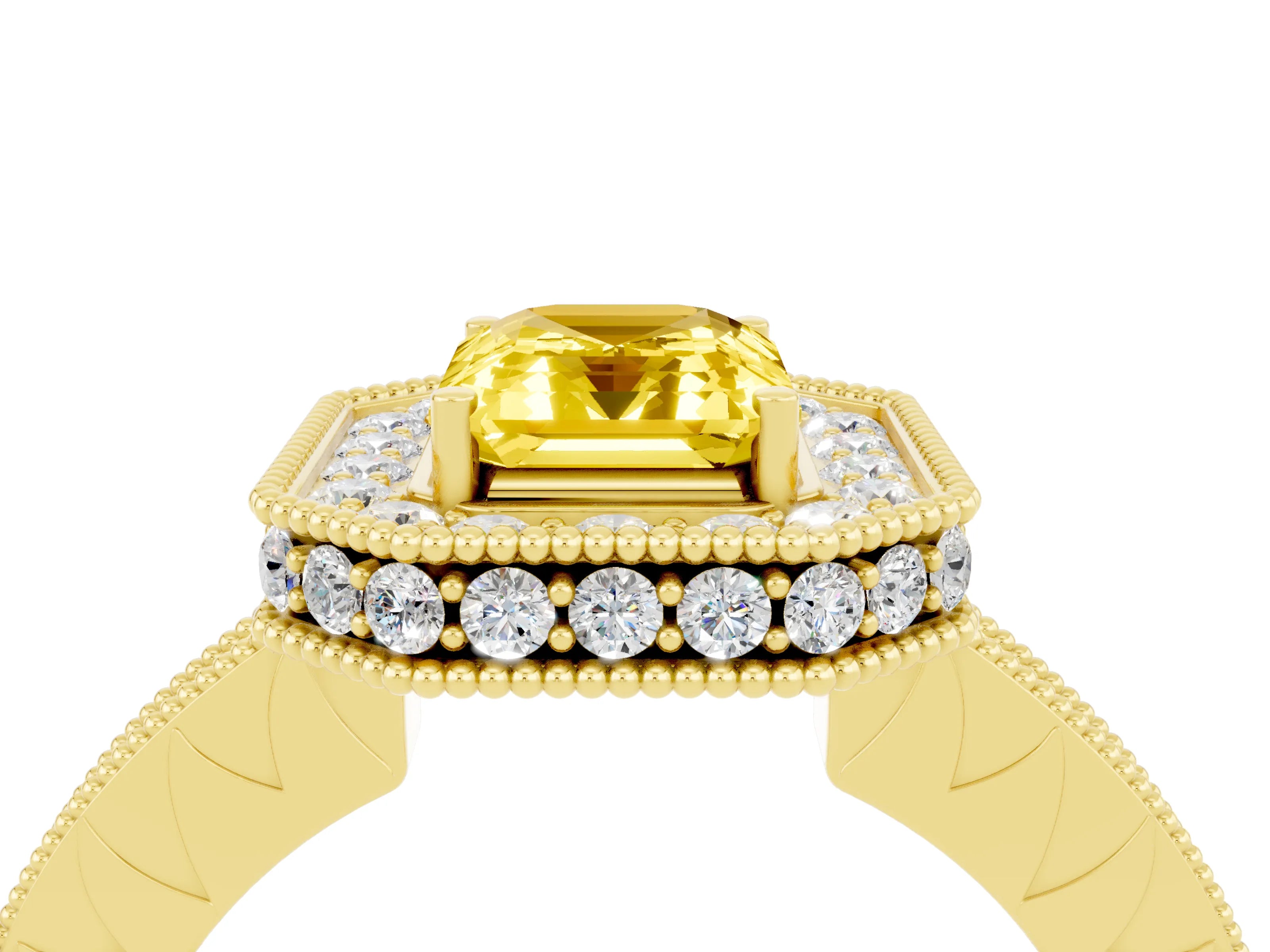 Yellow gold Emerald Cut Halo Diamond Engagement Ring with Milgrain Pave Band and Four-Prong Setting_4