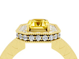 Yellow gold Emerald Cut Halo Diamond Engagement Ring with Milgrain Pave Band and Four-Prong Setting_4
