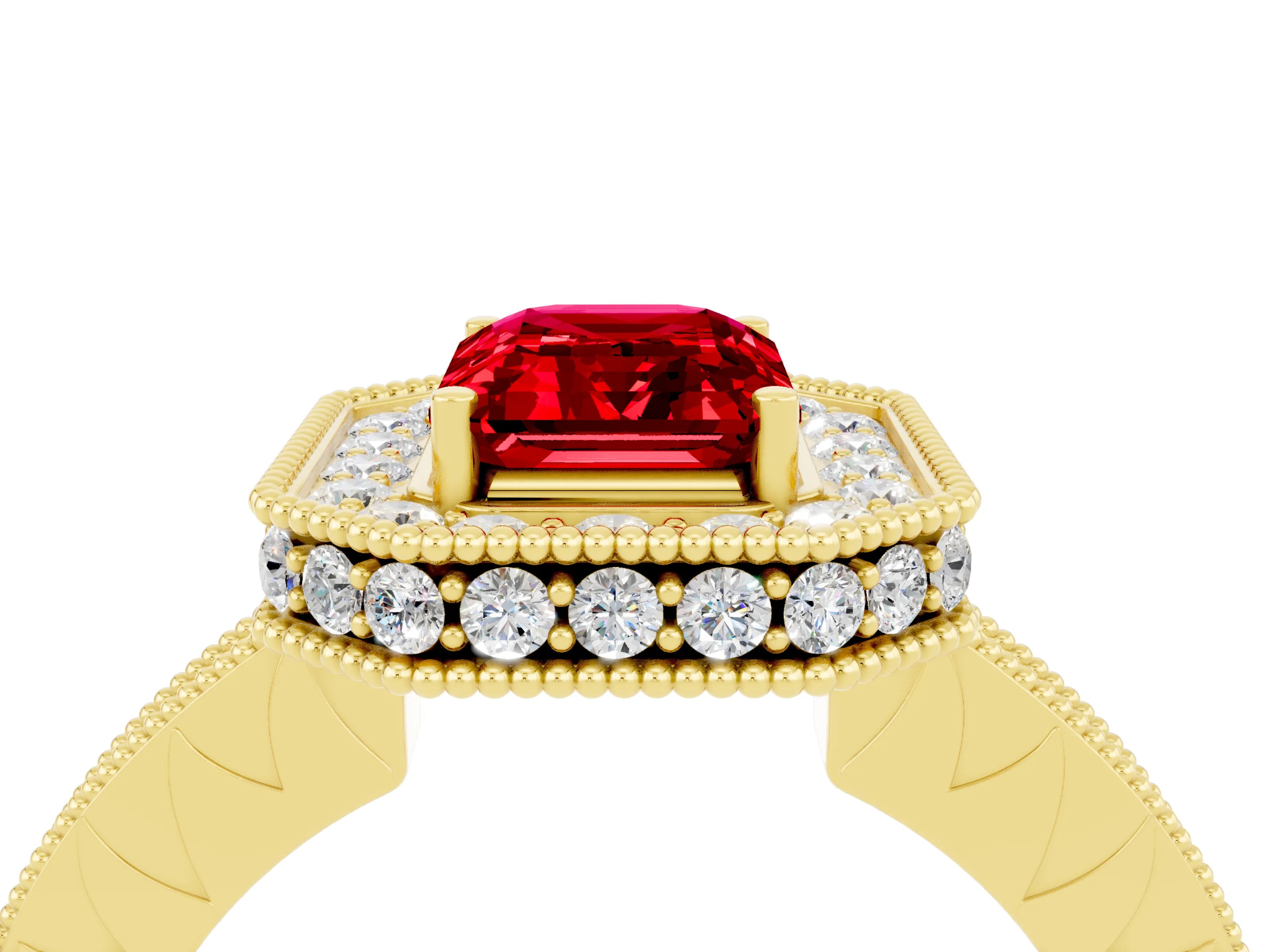 Yellow gold Emerald Cut Halo Diamond Engagement Ring with Milgrain Pave Band and Four-Prong Setting_4