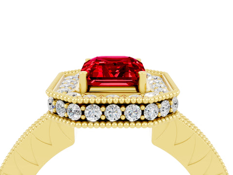 Yellow gold Emerald Cut Halo Diamond Engagement Ring with Milgrain Pave Band and Four-Prong Setting_4