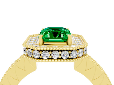 Yellow gold Emerald Cut Halo Diamond Engagement Ring with Milgrain Pave Band and Four-Prong Setting_4