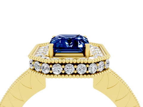 Yellow gold Emerald Cut Halo Diamond Engagement Ring with Milgrain Pave Band and Four-Prong Setting_4
