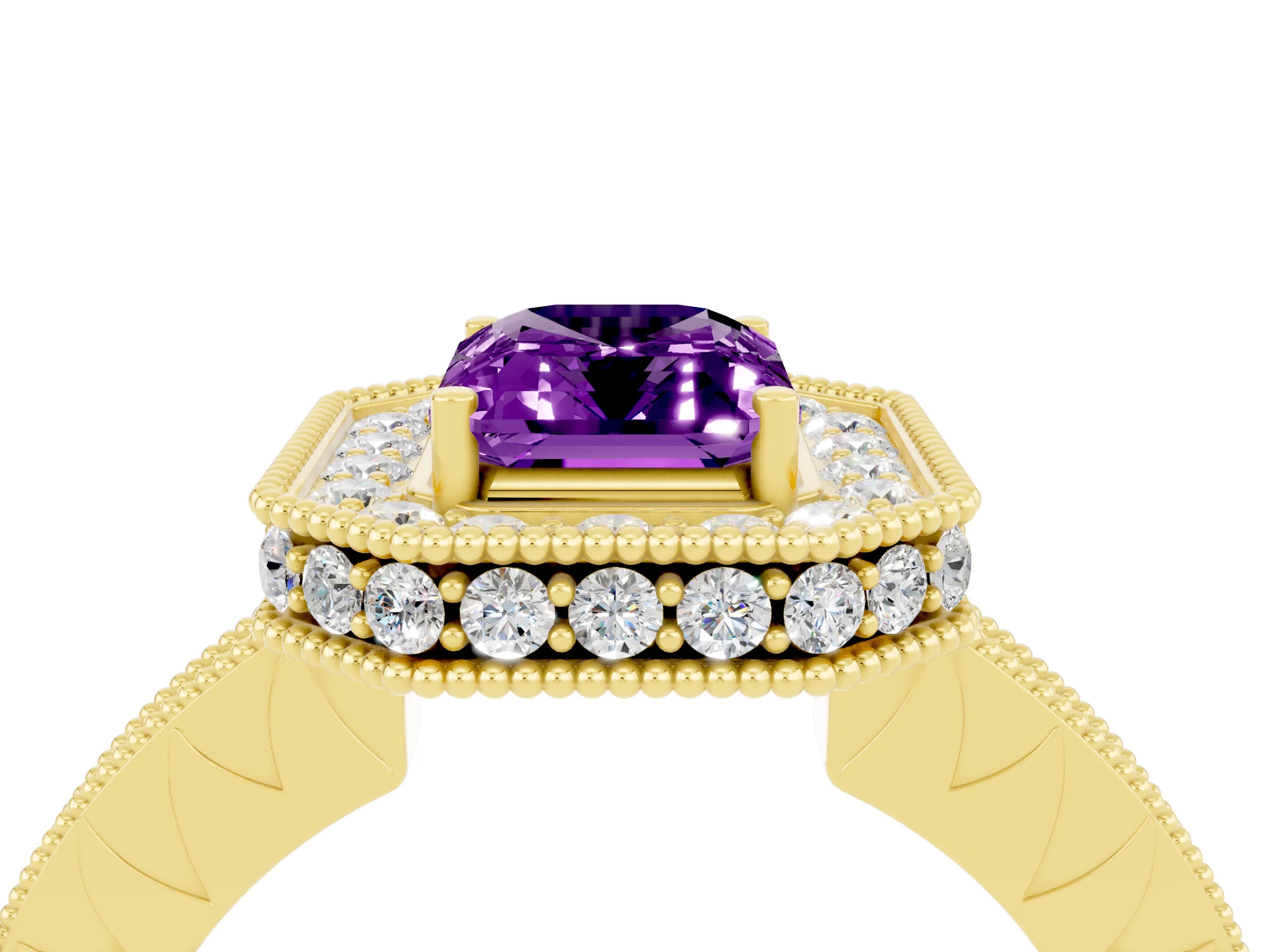 Yellow gold Emerald Cut Halo Diamond Engagement Ring with Milgrain Pave Band and Four-Prong Setting_4