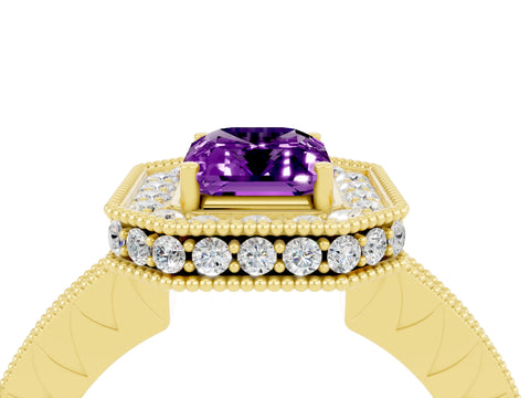 Yellow gold Emerald Cut Halo Diamond Engagement Ring with Milgrain Pave Band and Four-Prong Setting_4