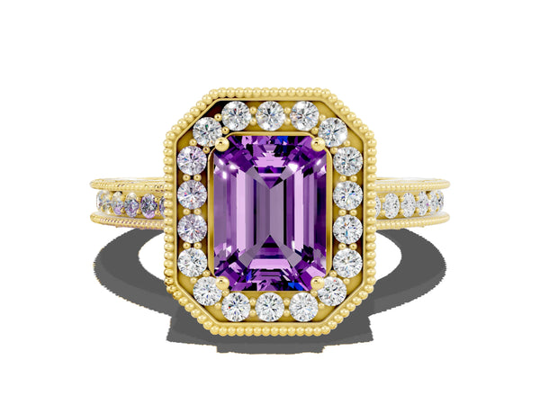 Yellow gold Emerald Cut Amethyst Milgrain Halo Engagement Ring with Round Pavé Band and Prong Setting