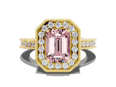 Yellow gold Emerald Cut Halo Diamond Engagement Ring with Milgrain Pave Band and Four-Prong Setting