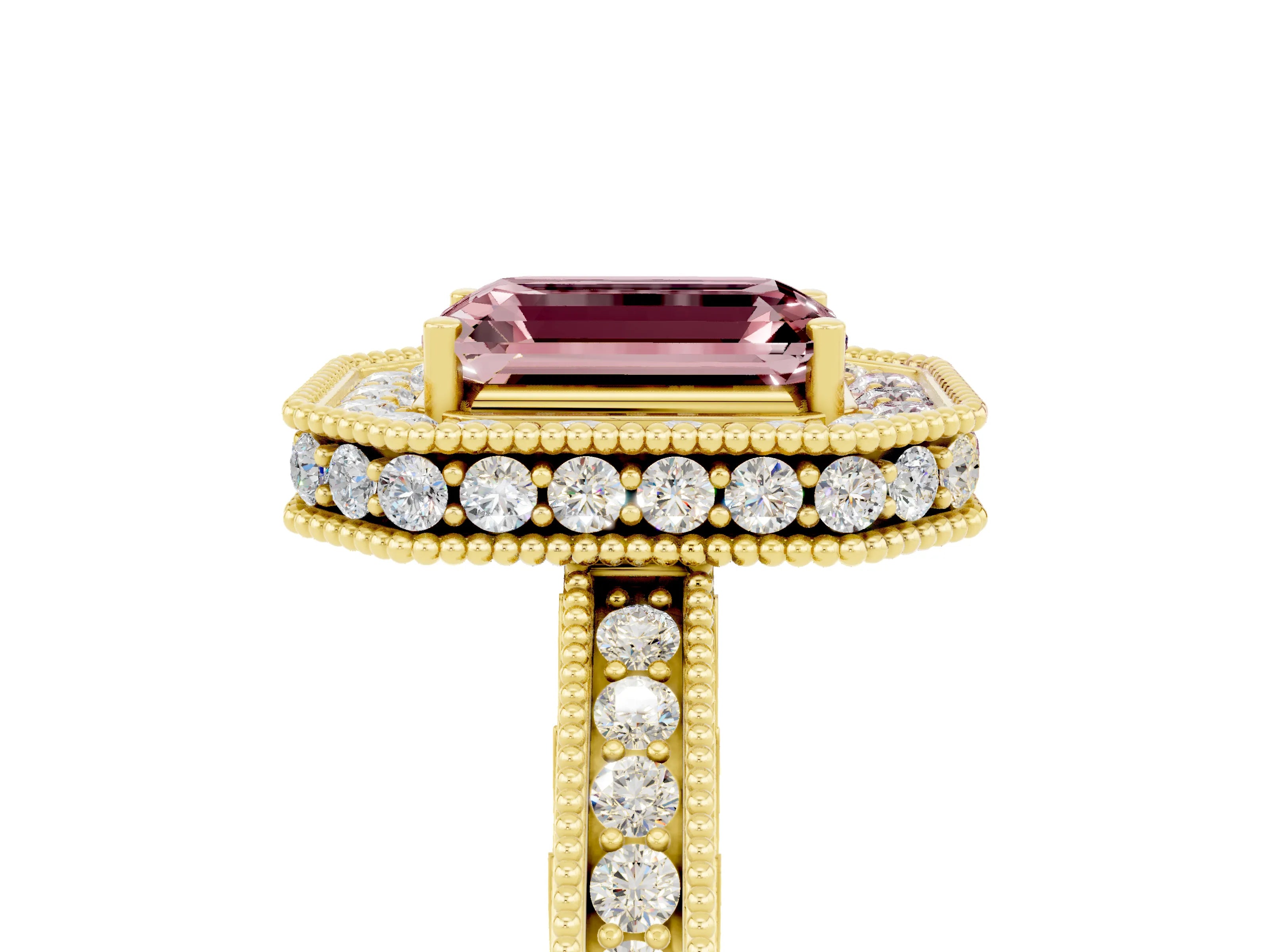 Yellow gold Emerald Cut Halo Diamond Engagement Ring with Milgrain Pave Band and Four-Prong Setting_5