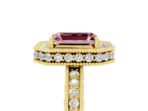 Yellow gold Emerald Cut Halo Diamond Engagement Ring with Milgrain Pave Band and Four-Prong Setting_5