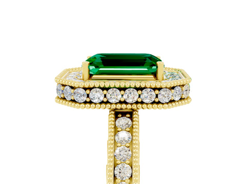 Yellow gold Emerald Cut Halo Diamond Engagement Ring with Milgrain Pave Band and Four-Prong Setting_5