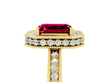 Yellow gold Emerald Cut Halo Diamond Engagement Ring with Milgrain Pave Band and Four-Prong Setting_5
