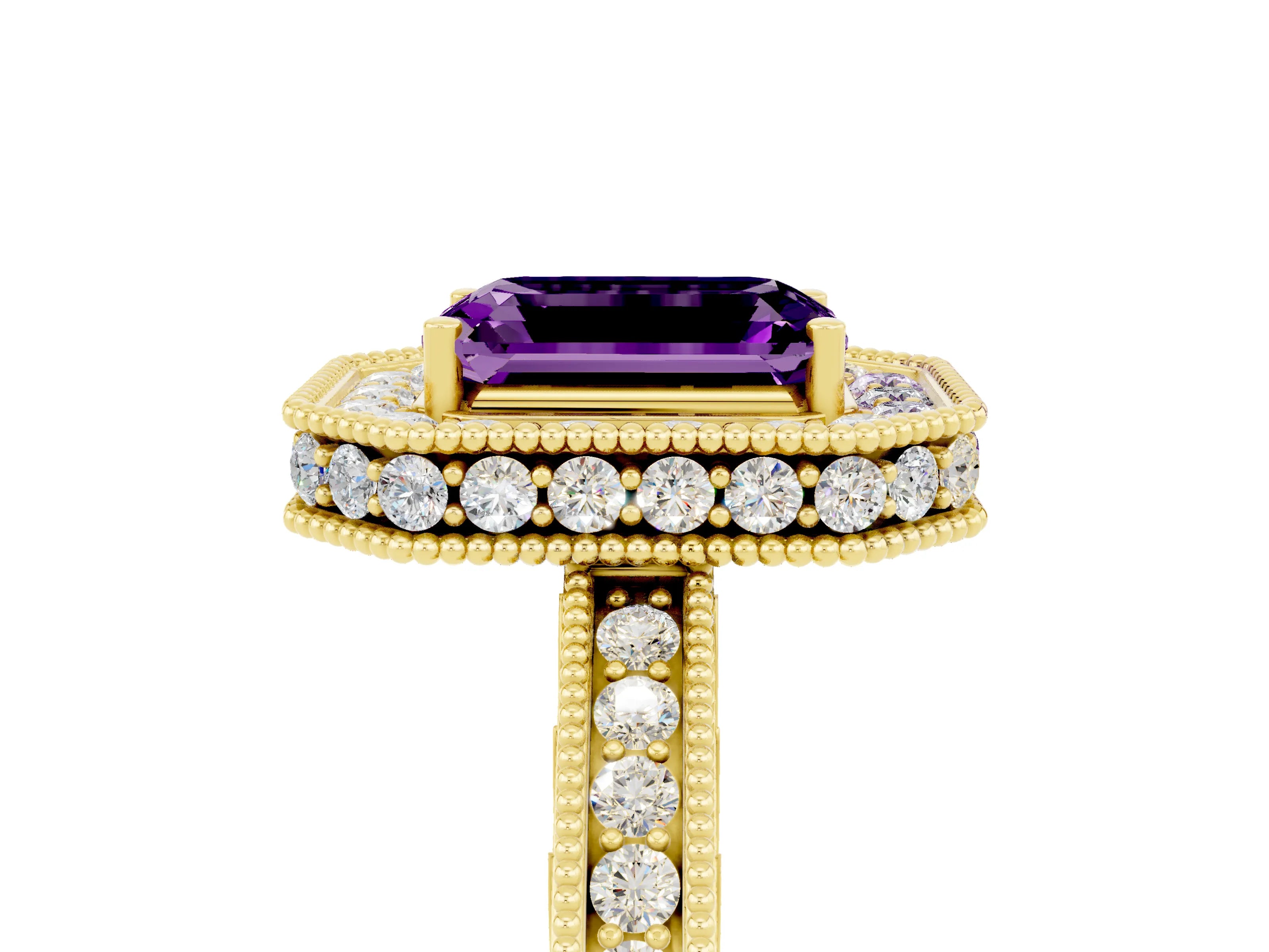 Yellow gold Emerald Cut Halo Diamond Engagement Ring with Milgrain Pave Band and Four-Prong Setting_5