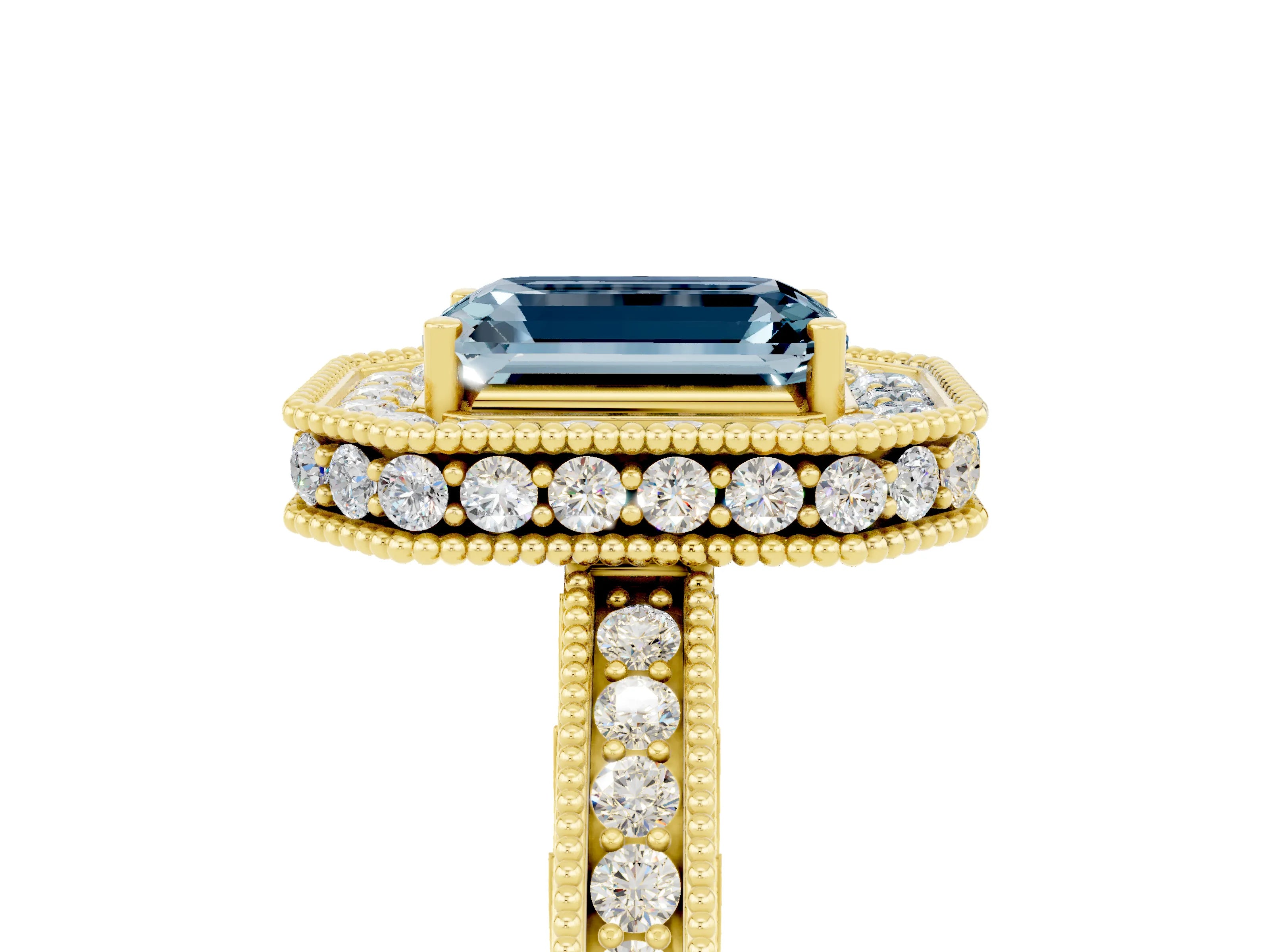 Yellow gold Emerald Cut Halo Diamond Engagement Ring with Milgrain Pave Band and Four-Prong Setting_5