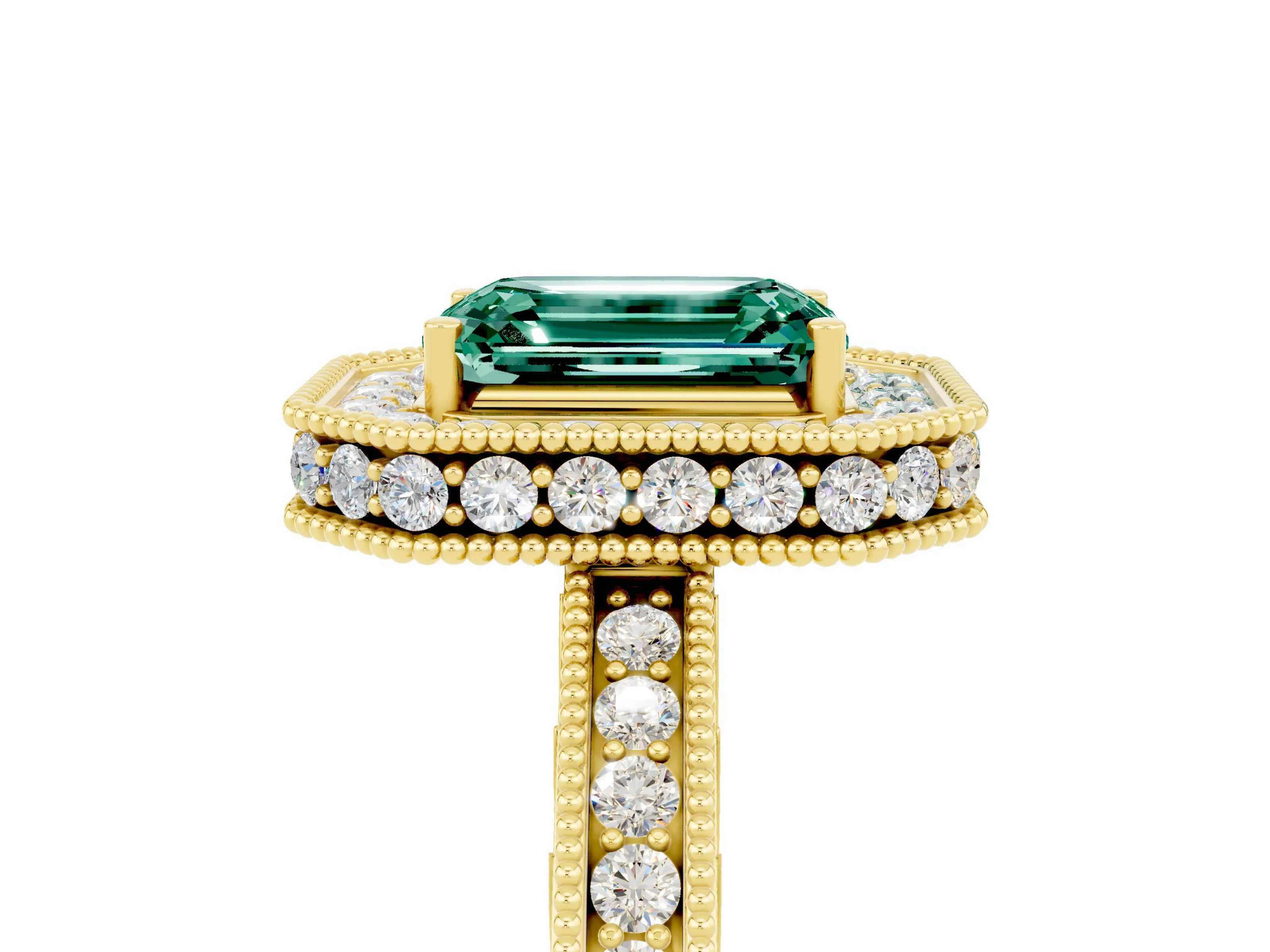 Yellow gold Emerald Cut Halo Diamond Engagement Ring with Milgrain Pave Band and Four-Prong Setting_5