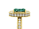 Yellow gold Emerald Cut Halo Diamond Engagement Ring with Milgrain Pave Band and Four-Prong Setting_5