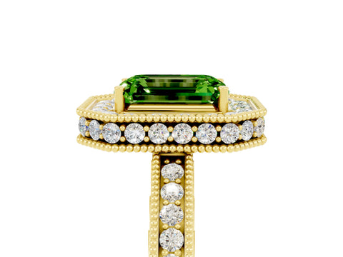 Yellow gold Emerald Cut Halo Diamond Engagement Ring with Milgrain Pave Band and Four-Prong Setting_5