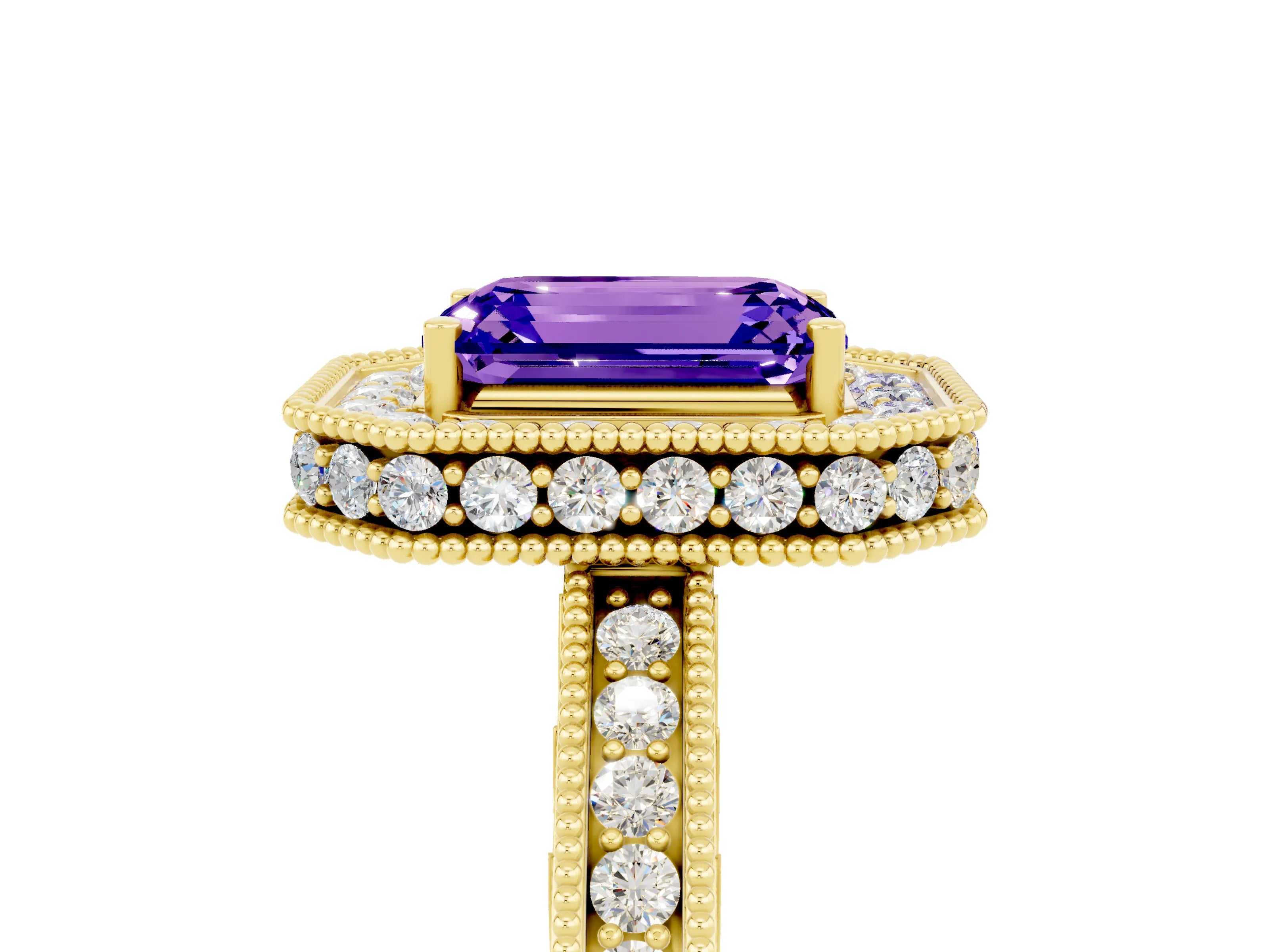 Yellow gold Emerald Cut Halo Diamond Engagement Ring with Milgrain Pave Band and Four-Prong Setting_5
