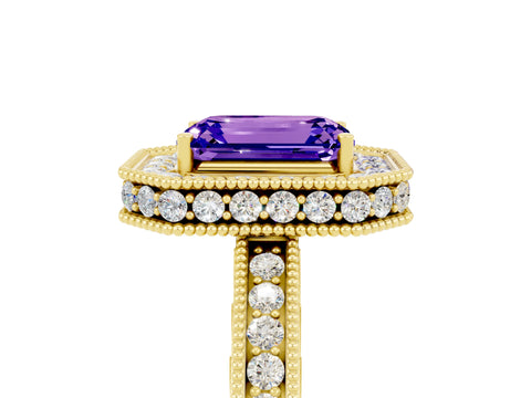 Yellow gold Emerald Cut Halo Diamond Engagement Ring with Milgrain Pave Band and Four-Prong Setting_5