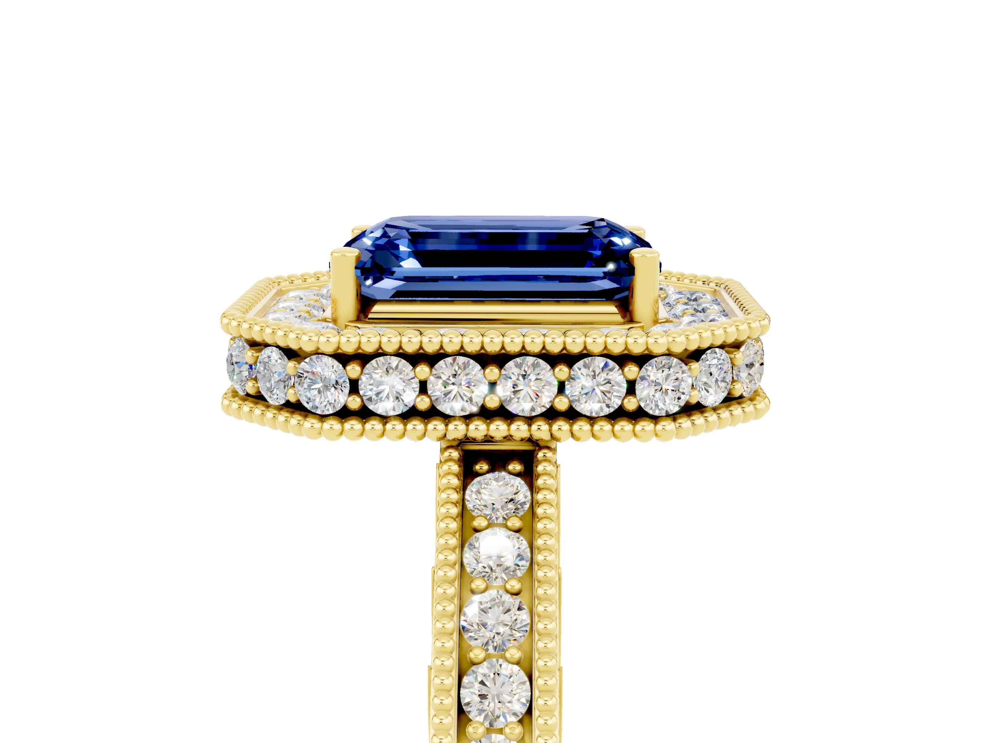 Yellow gold Emerald Cut Halo Diamond Engagement Ring with Milgrain Pave Band and Four-Prong Setting_5