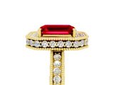 Yellow gold Emerald Cut Halo Diamond Engagement Ring with Milgrain Pave Band and Four-Prong Setting_5