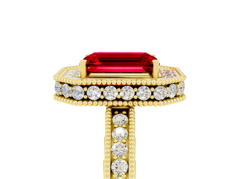 Yellow gold Emerald Cut Halo Diamond Engagement Ring with Milgrain Pave Band and Four-Prong Setting_5